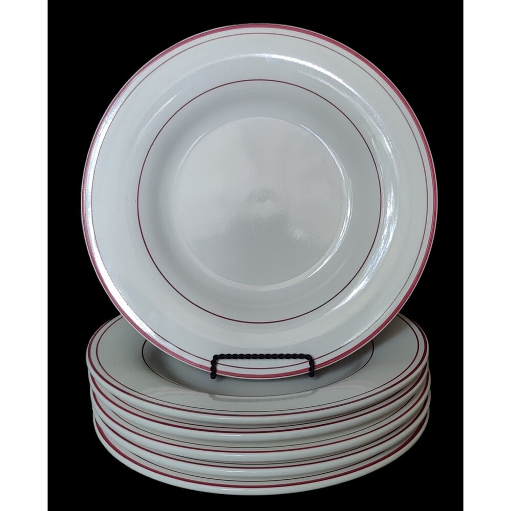 6 Pottery Barn Bistro RED Stripe Dinner Plates 12"
